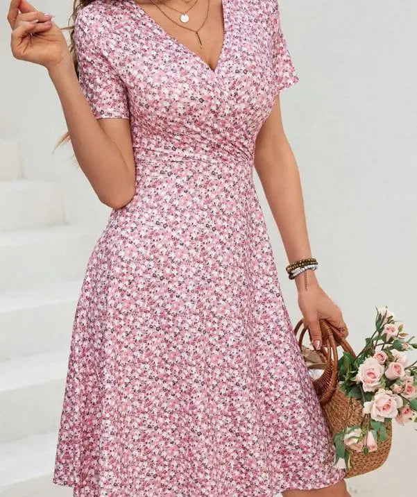 Floral Print Mini Dress Short Sleeve Midi Skirt Women's Fashion Spring Summer V Neck Polyester Fiber Regular Waistline Dress