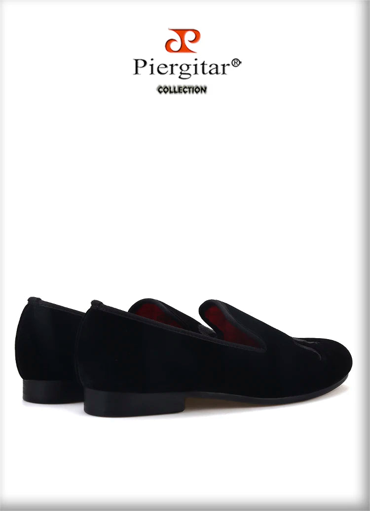 Piergitar High Level Customization Black Velvet Men's Loafers For Party Handmade Horse Embroidery Slip-On Man Smoking Slippers