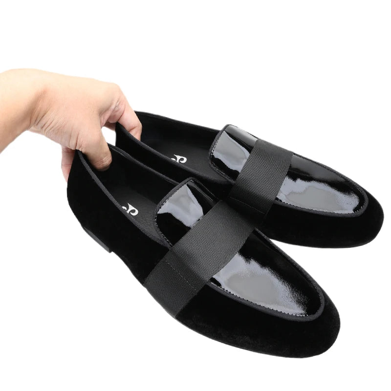 Black Velvet Patent Leather Loafers with Horizontal Band Handmade Flats for Party Formal Suits