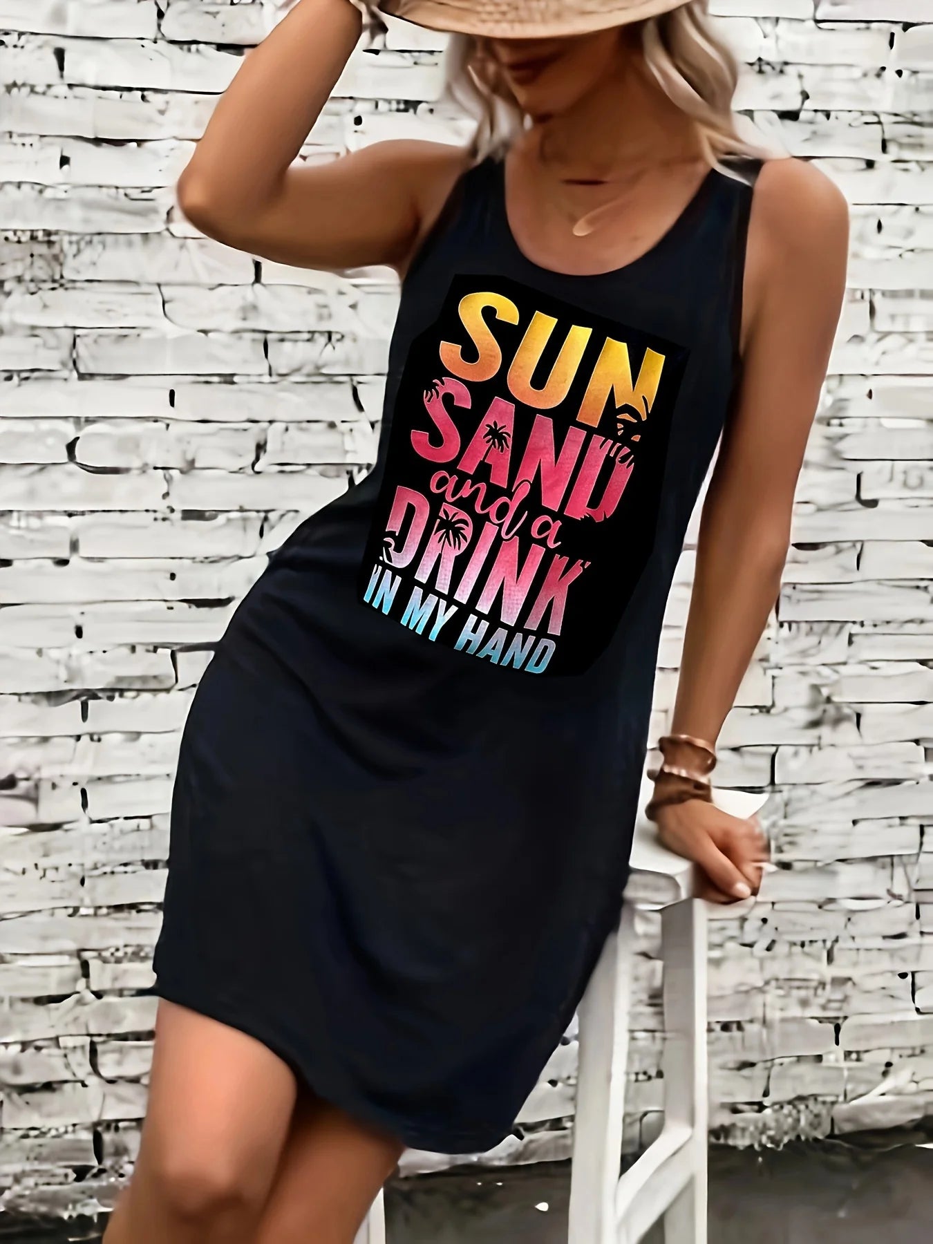 Women's Summer Sleeveless Tank Top Dress Sexy Women's summer loose sleeveless short mini dress with black print