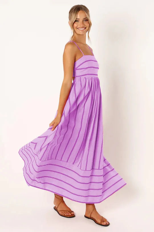 Spring And Summer Striped Vest Backless Large Swing New Dress For Women, Collarless And Sleeveless Oversized Swing Dress