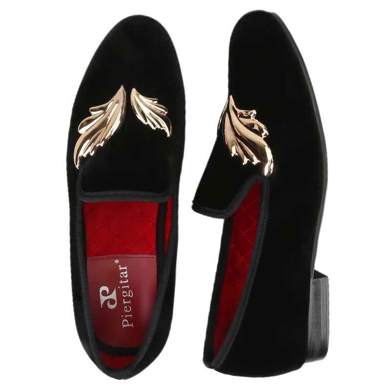 Piergitar Handcraft Black Velvet Slip-On Shoes With Gold Wings Metal Buckles For Wedding And Prom Classic Style Men's Loafers