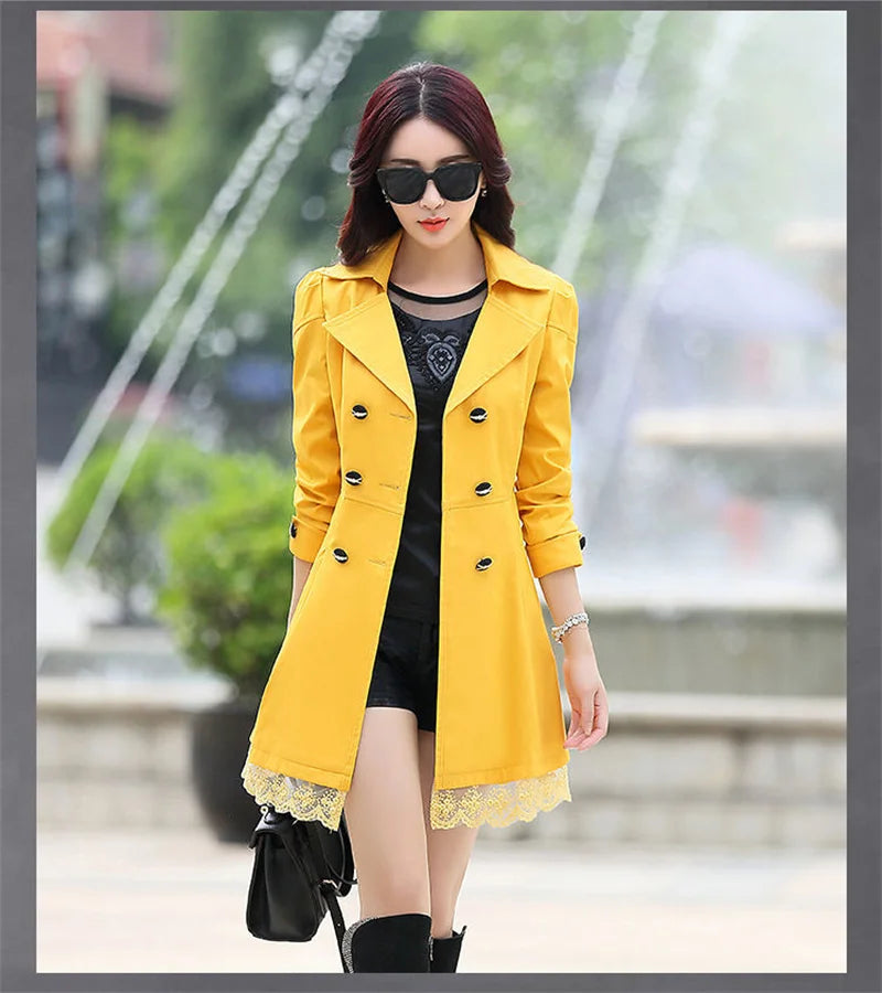 2025Spring Autumn New Windbreaker Coat Women Fashion Slim Mid Long Lace Trench Coat Female Casual Double-breasted Outerwear Tops