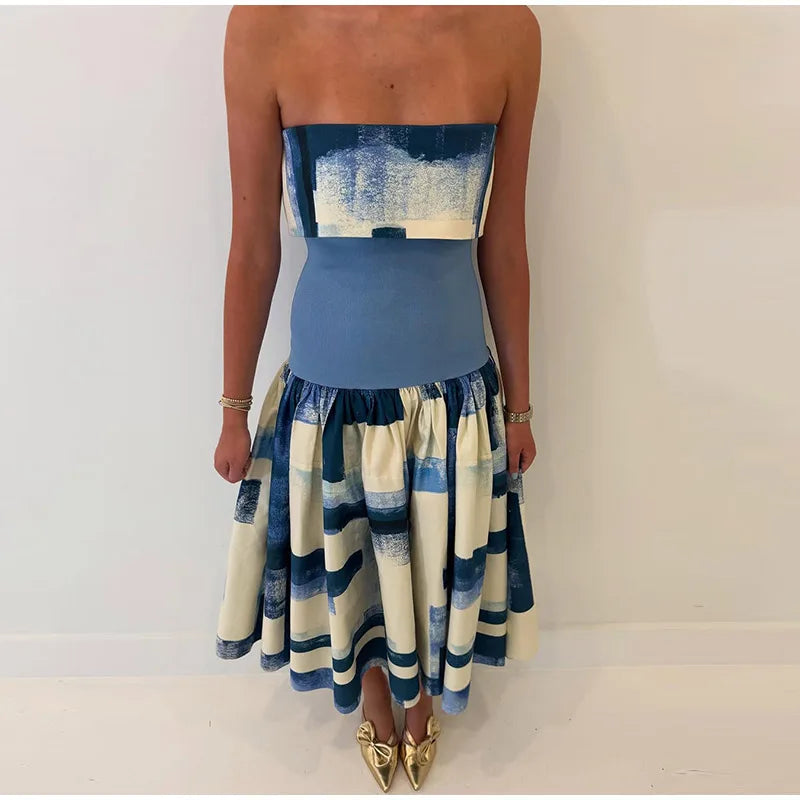 Women's Strapless Open Back Patchwork Long Dress
