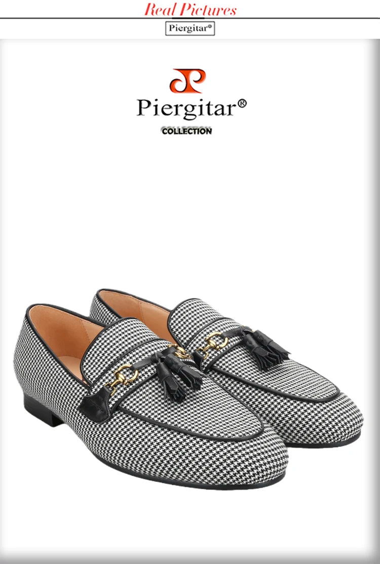 Piergitar 2023 Black And White Wool Houndstooth Slippers With Metal Horsebits Leather Tassels Men's Loafers Handmade Moccasins