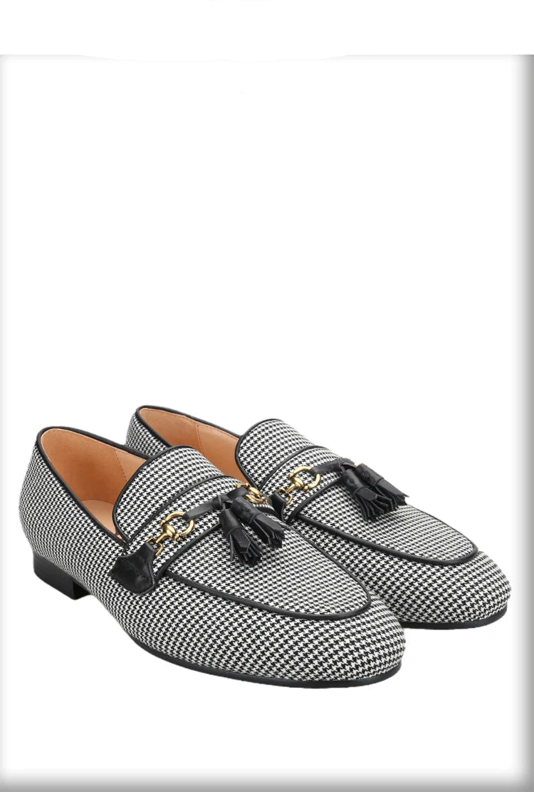 2023 Black And White Houndstooth Wool Slippers with Leather Tassels and Metal Horsebits for Men's Loafers