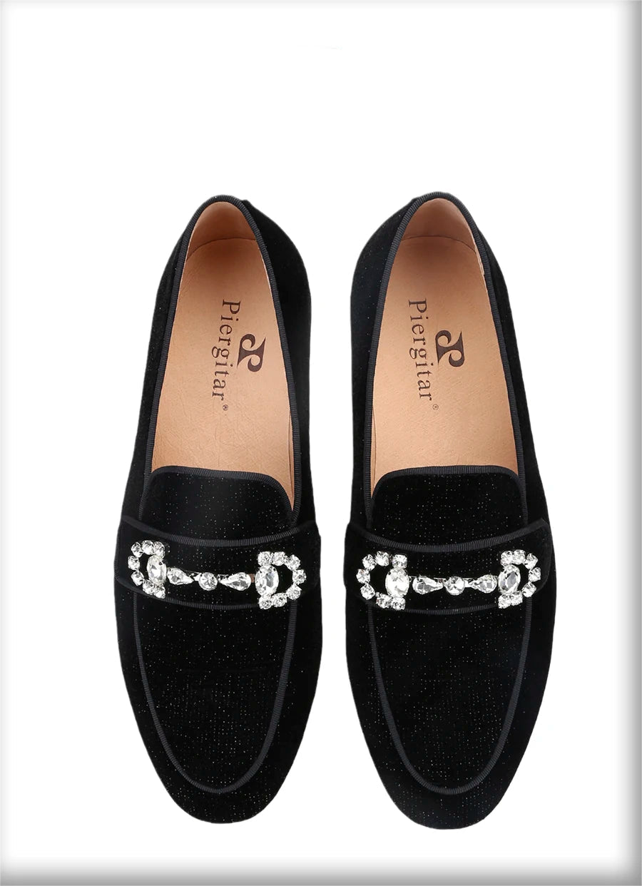 Black Velvet Loafers For Men With Crystal Rhinestone Horsebit Embellishments