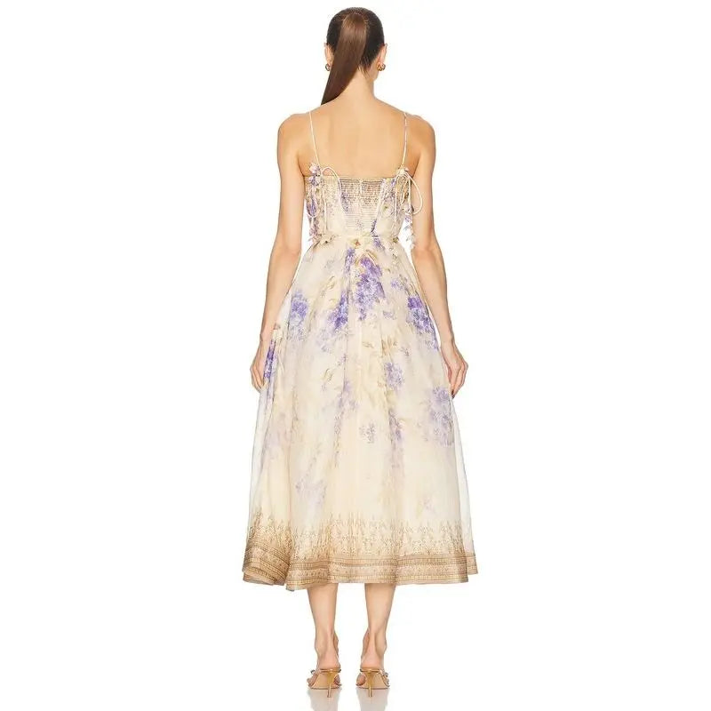 2025 New French High Quality Luxury Chic Dress Appliques Floral Print Spring Summer Strapless Women Holiday Spaghetti Midi Dress