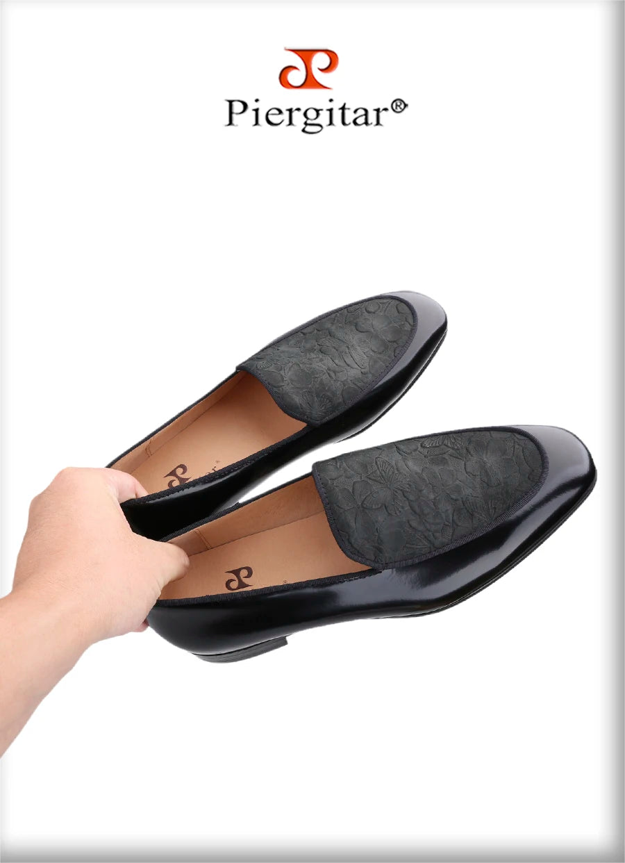 Piergitar Flower Pattern Embossed Leather Patchwork With Black Calfskin Men's Loafers Handmade Slip-On Slippers Red Bottom Flats