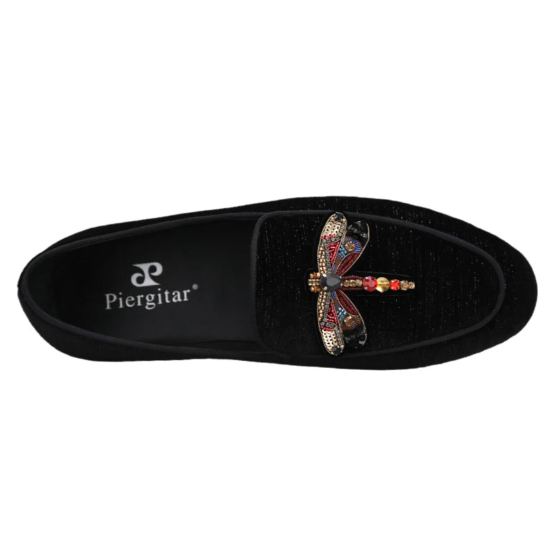 Piergitar 2022 Handmade Rhinestone Sequin Dragonfly Embroidered Patch Men's Loafers British Style Retro Moccasins Slip-On Shoes