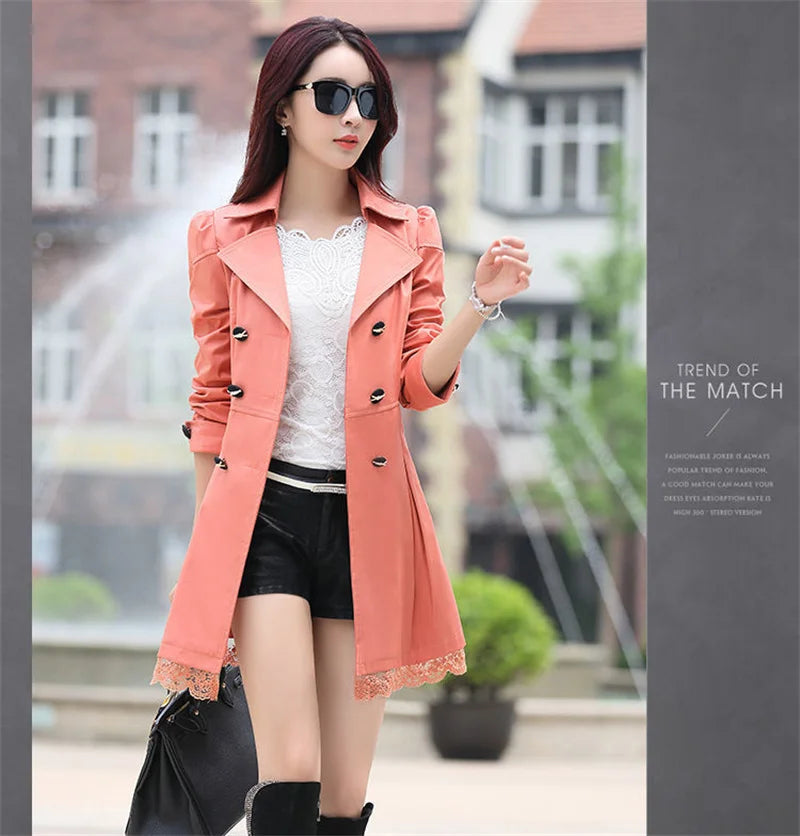 2025Spring Autumn New Windbreaker Coat Women Fashion Slim Mid Long Lace Trench Coat Female Casual Double-breasted Outerwear Tops