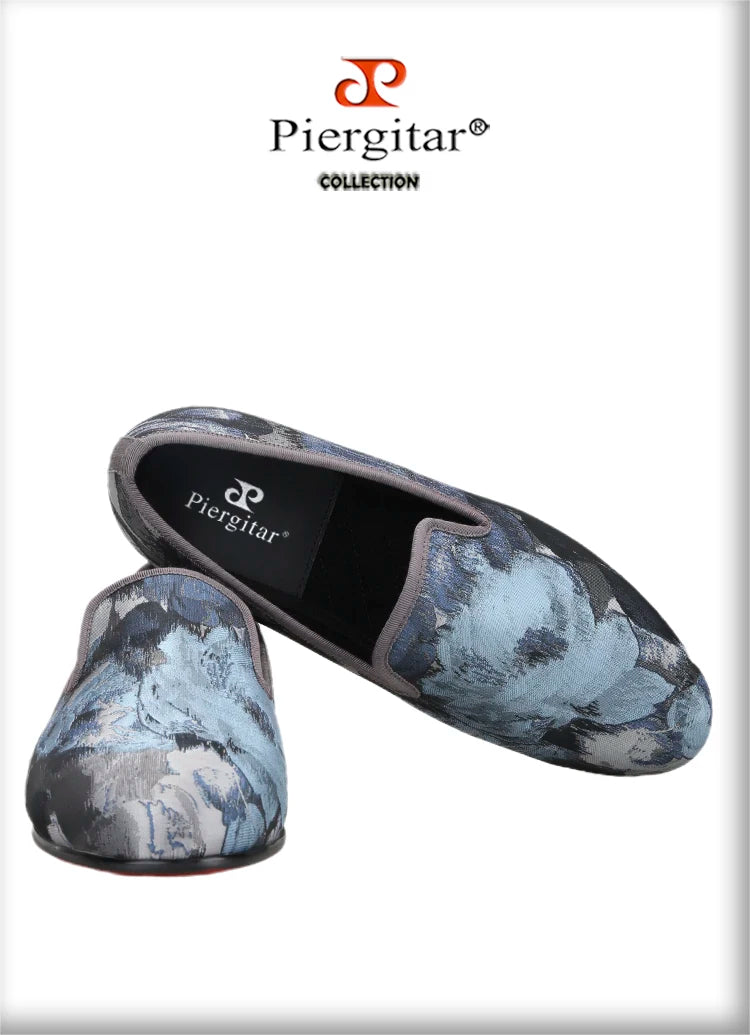 Piergitar 2023 New Abstract Printed Cotton Men's Loafers For Party Handmade Slip-On Moccasins Red Outsoles Smoking Slippers