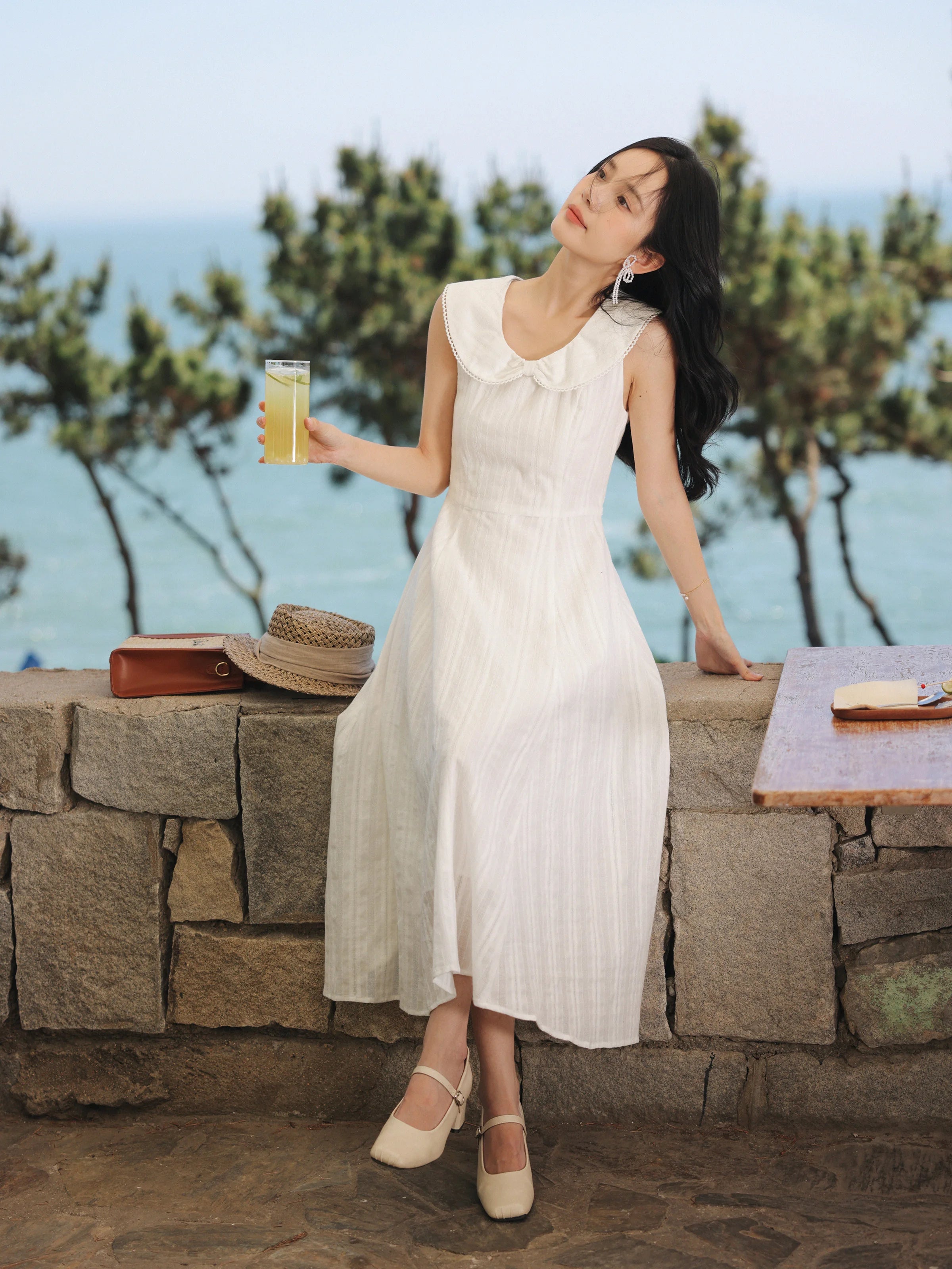 White Bow Jacquard Sundress Women Sweet Summer A-Line Dress with Tie Straps Petite Fit Flowy Midi Dress Cute Vacation Daily Wear