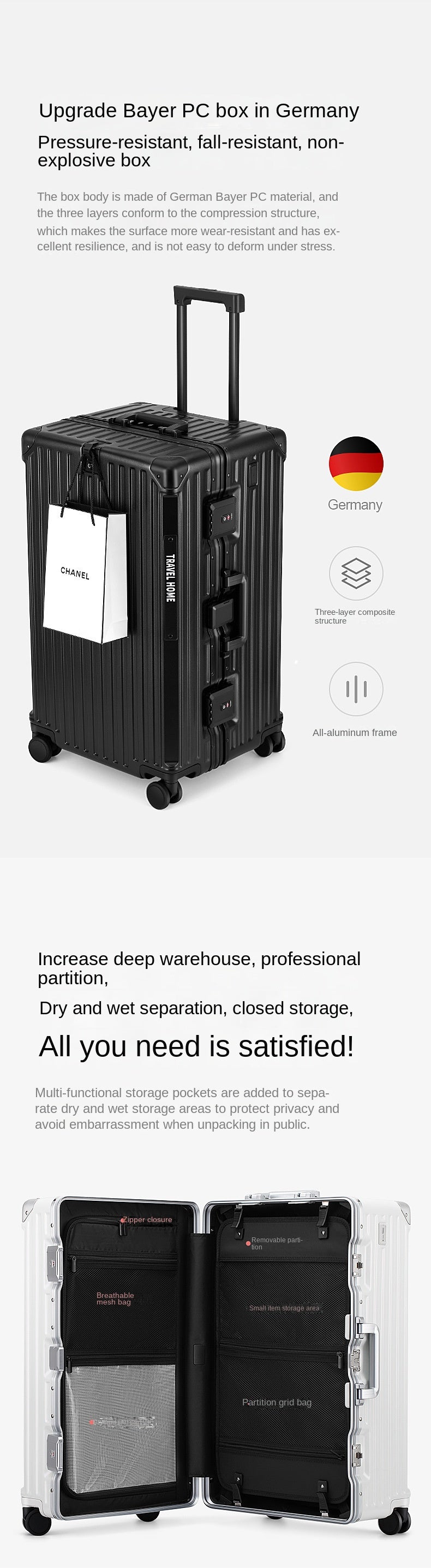 Large Capacity Aluminum Frame Trolley Luggage