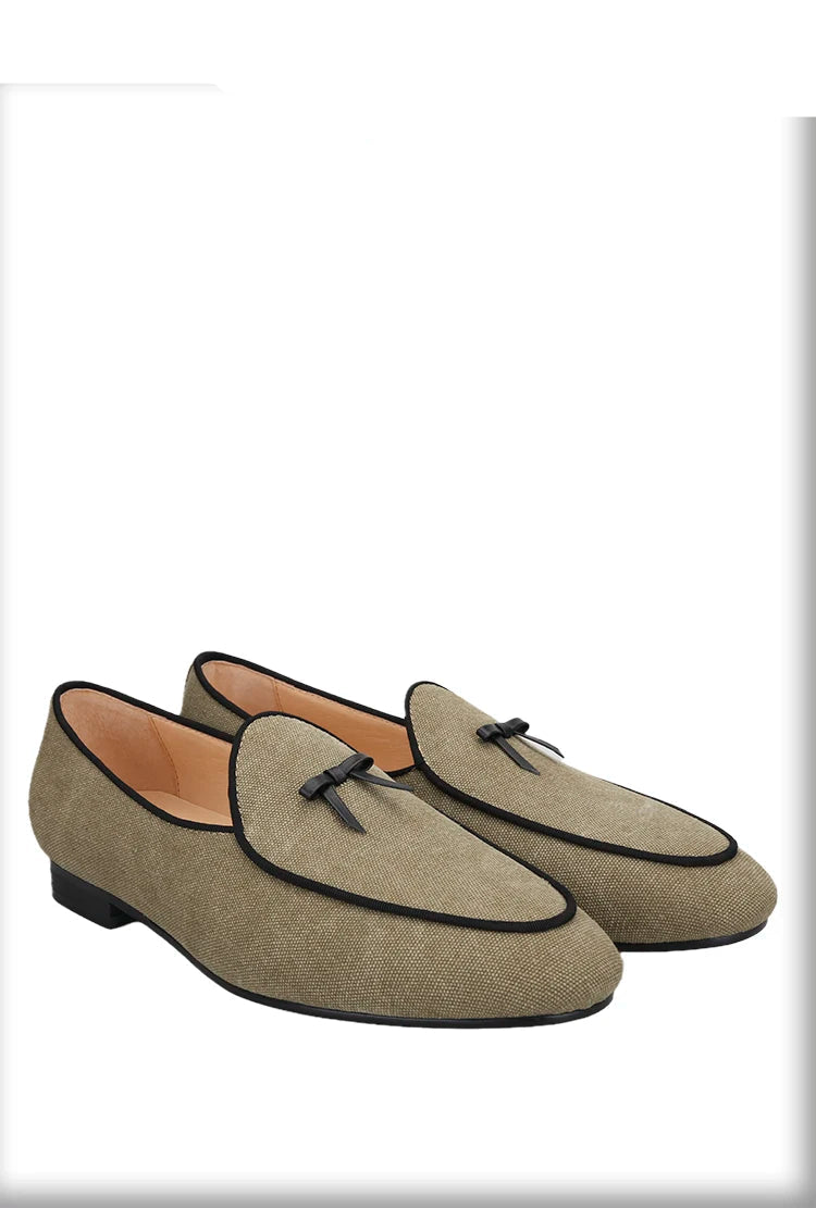 Three Colors Raw Canvas Belgian loafers with Calfskin Bows, Handmade Slip On Classic Mens Smoking Slippers