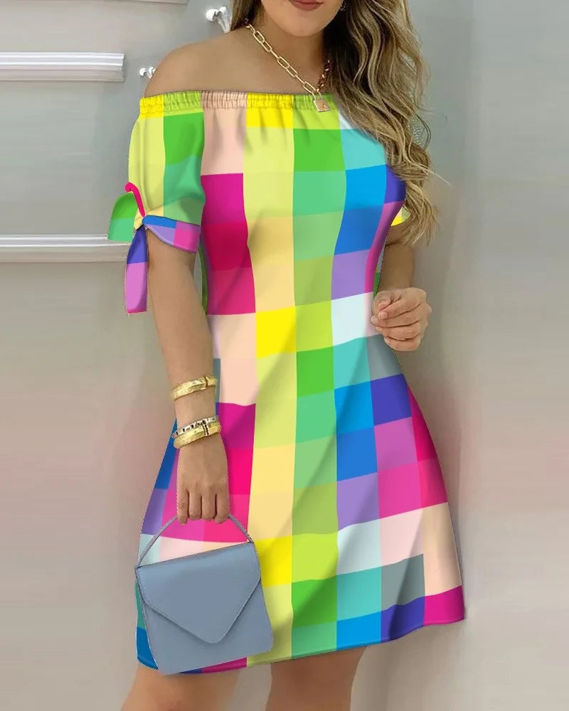 3XL Women's Casual Gradient Off Shoulder Short Sleeve Dress Bow Print Mini Dress