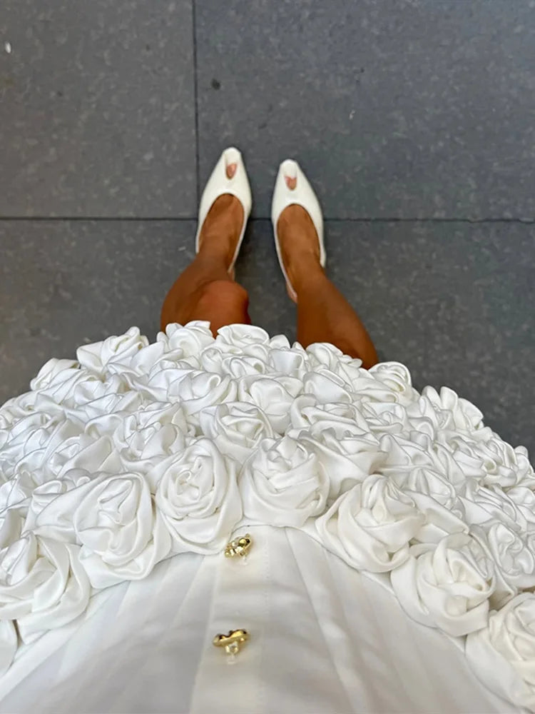 Short Sleeve White Dress with 3D Flower Women's Lapel Button Pleat Neck