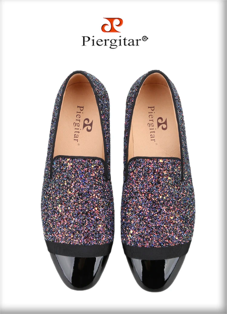 Piergitar Flash Purple Sequined Canvas Slippers With Patent Leather Toes Handmade Men Moccasins For Party And Wedding Plus Size