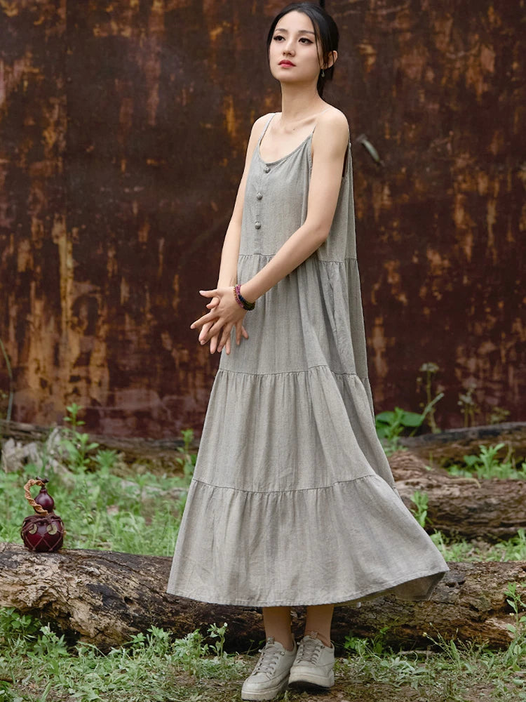 Cotton Linen Long Spaghetti Strap Dress