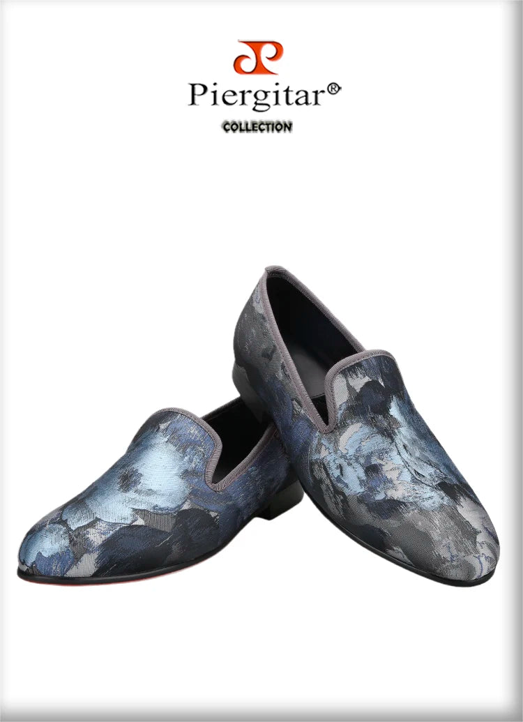 Piergitar 2023 New Abstract Printed Cotton Men's Loafers For Party Handmade Slip-On Moccasins Red Outsoles Smoking Slippers