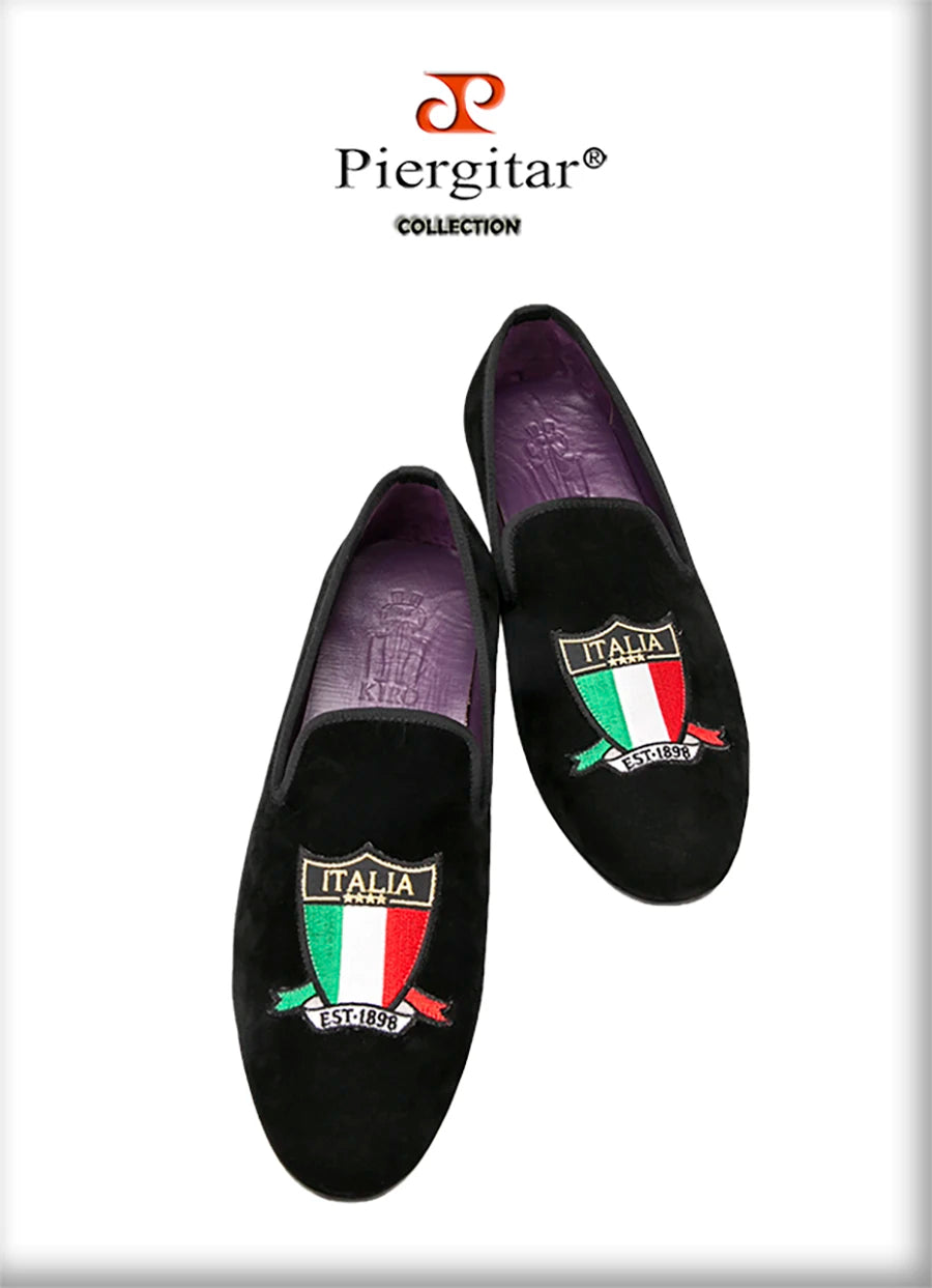 Piergitar Handmade Embroidery Of Four Powerful Football Countries Black Velvet Men Loafers Genuine Leather InSoles And Outsoles