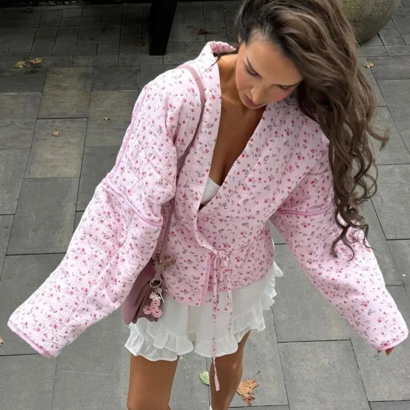 Floral Printed Women's Cardigan Cute Lace up Pink Women Coat Casual Loose Autumn Warm Coats Fashion New Ladies Coats Outerwear