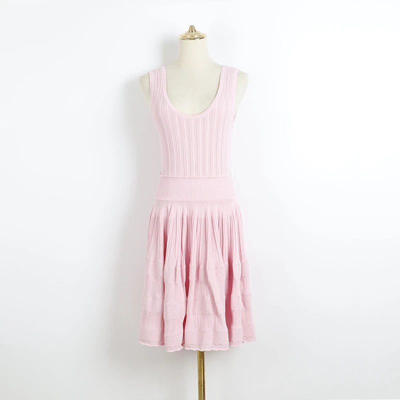 2025 Summer New in Pink Sleeveless Ribbed Knit Bodycon Mini Dress Versatile Work & Casual Outfit