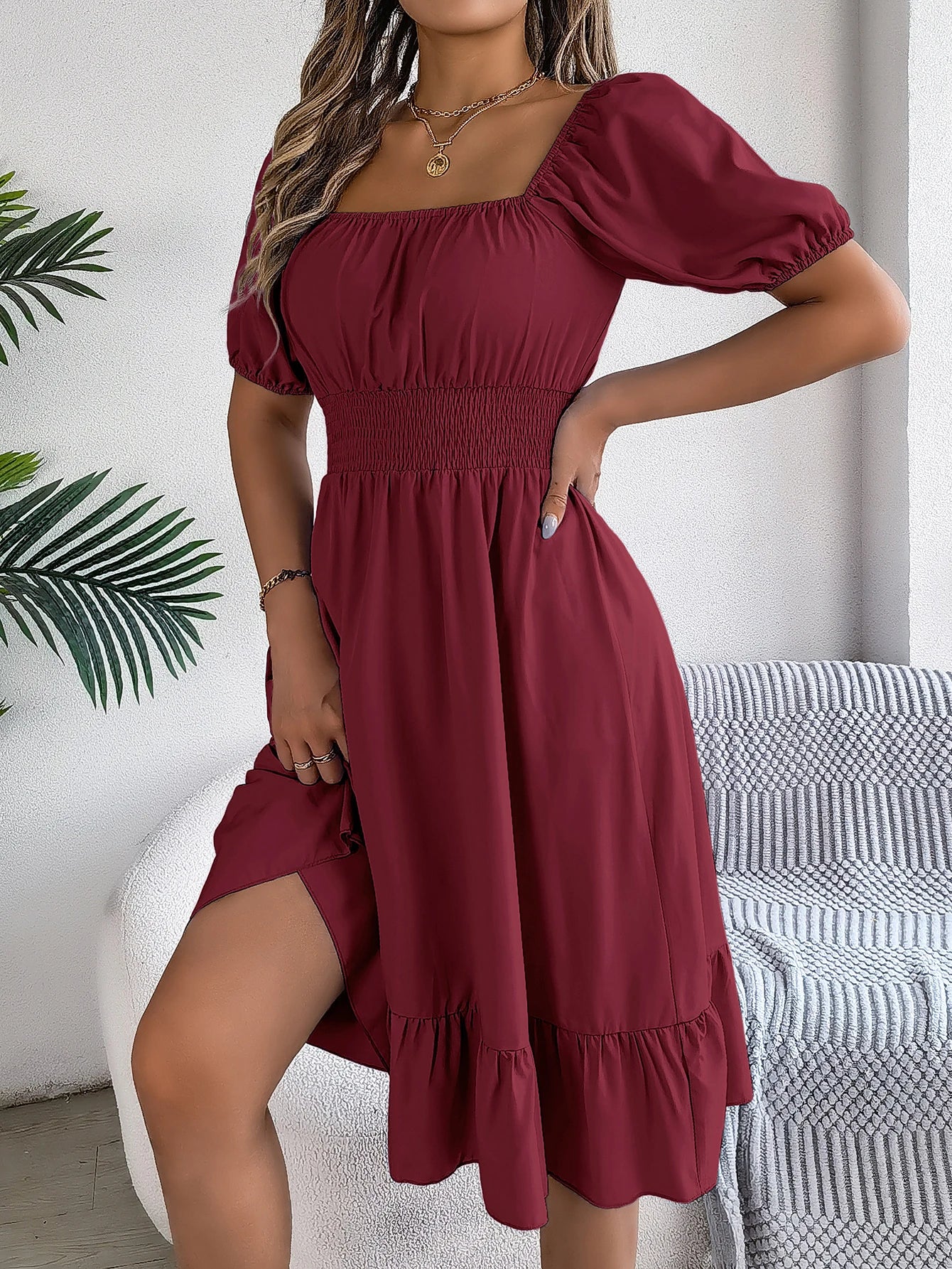 2024 New Fashion Solid Puff Sleeve Square Neck Ruched Bust Ruffle Hem Wasit Dress, Women's Clothing