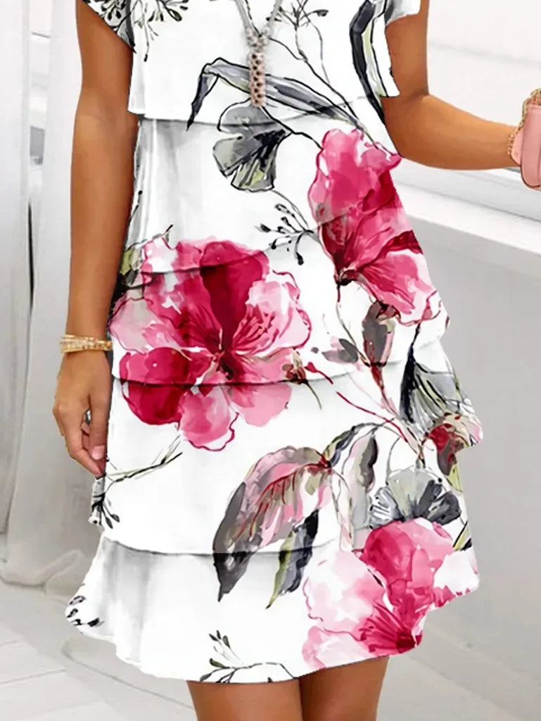 2025 Spring Chic Floral Print Chiffon Dress Woman Elegant Crew Neck Tierred Pleated Dress Summer Short Sleeve A-Line Party Dress