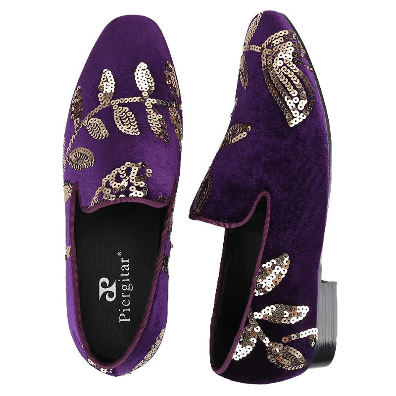 Black and Dark Purple Velvet with Handmade Floral Sequins Men's Loafers CL The Classic Red Outsole Moccasins