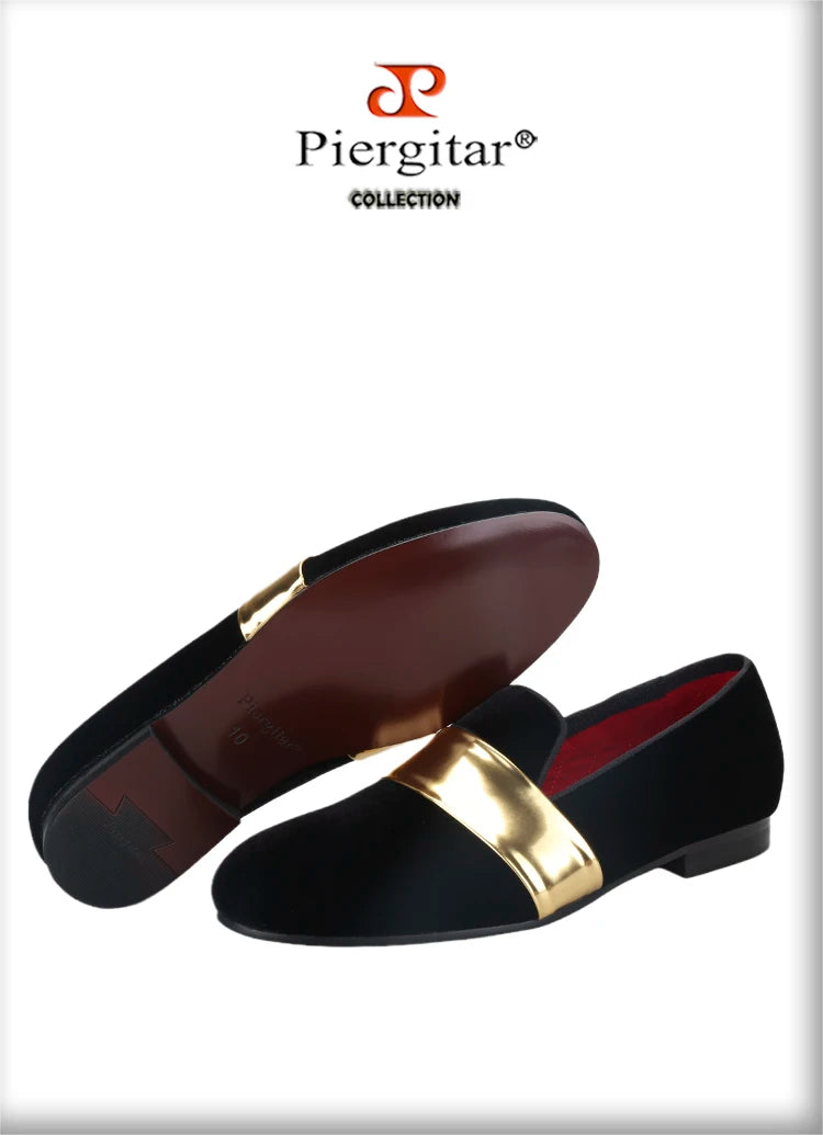 Piergitar New Style Handmade Men Velvet Loafers With Gold Patent Leather Crossbands Fashion Party And Wedding Male Dress Shoes