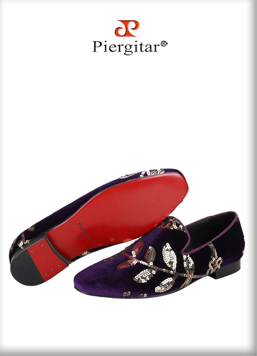 Piergitar Black And Dark Purple Velvet With Handmade Floral Sequin Men's Loafers CL Same Classic Red Outsole Slip-On Moccasins