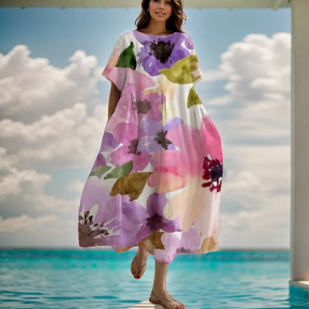 Dress For Women Summer New Short Sleeve Floral Print O-neck Big Hem Loose Fashion Elegant Casual Commute Female A-line Dress