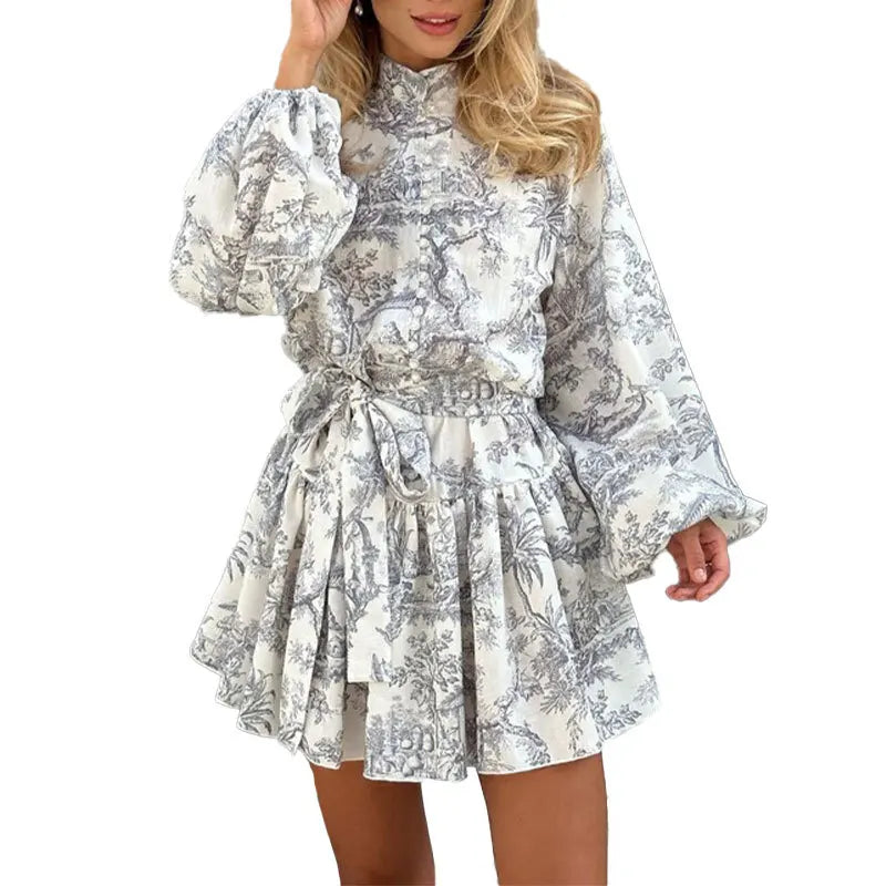 Elegant Fashion Long Sleeve Printed Dress Independent Station New Women's Clothing Line Tie Waist Chinese Style Print Dress
