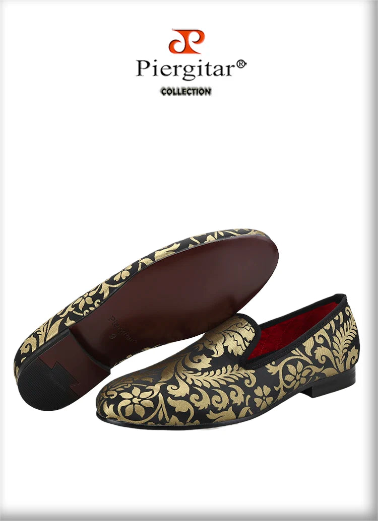 Piergitar 2023 New Upgrade Style Baroque Gold Jacquard Silk Men Loafers For Party Pair With Gold Suit Plus Size Moccasins