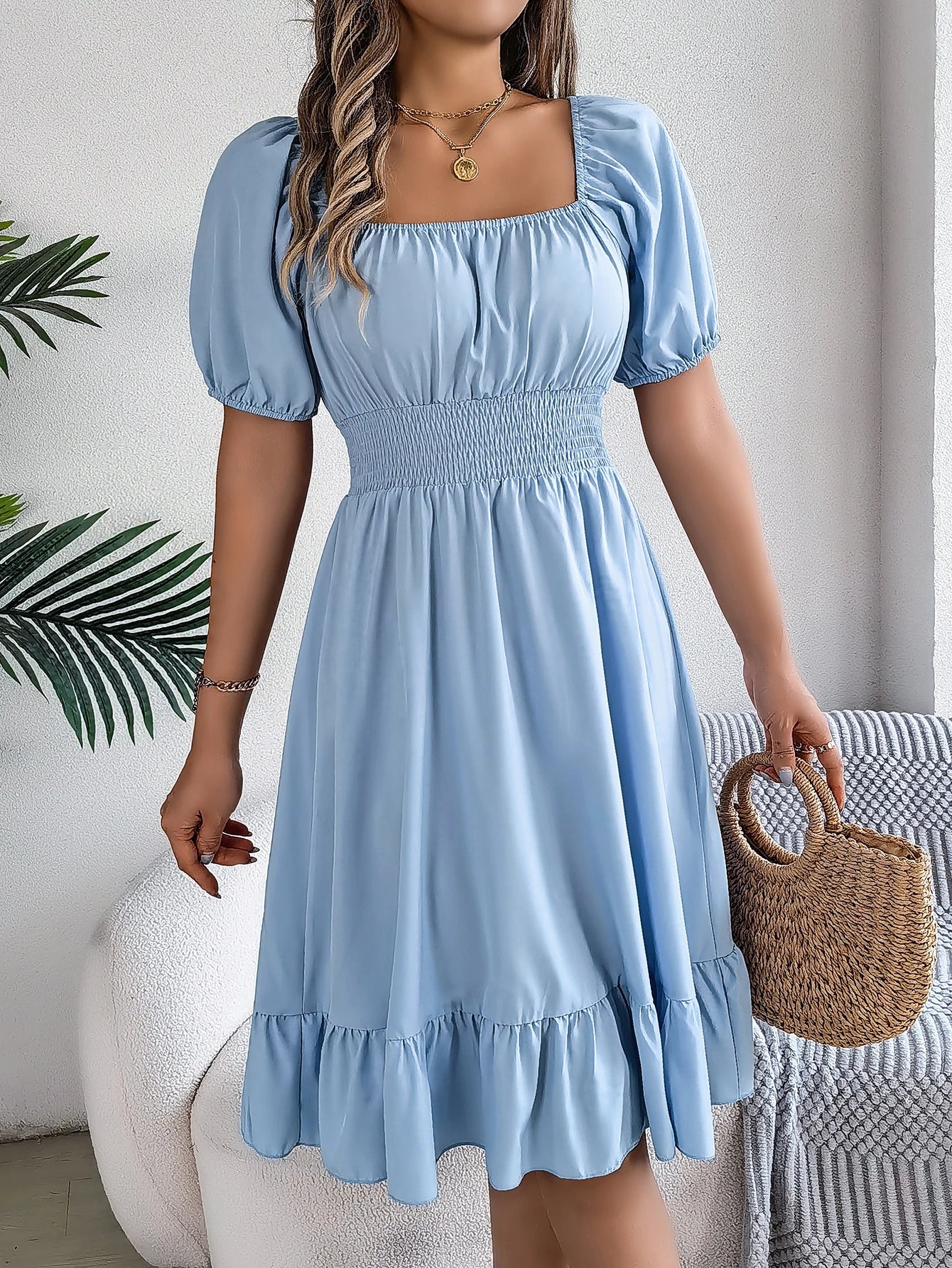 2024 New Fashion Solid Puff Sleeve Square Neck Ruched Bust Ruffle Hem Wasit Dress, Women's Clothing