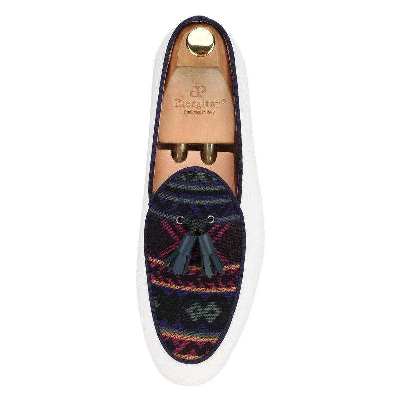 Men's Loafers in Classic Handmade Leather Tassels, Ivory Color Canvas Mix Ethnic Style Cotton