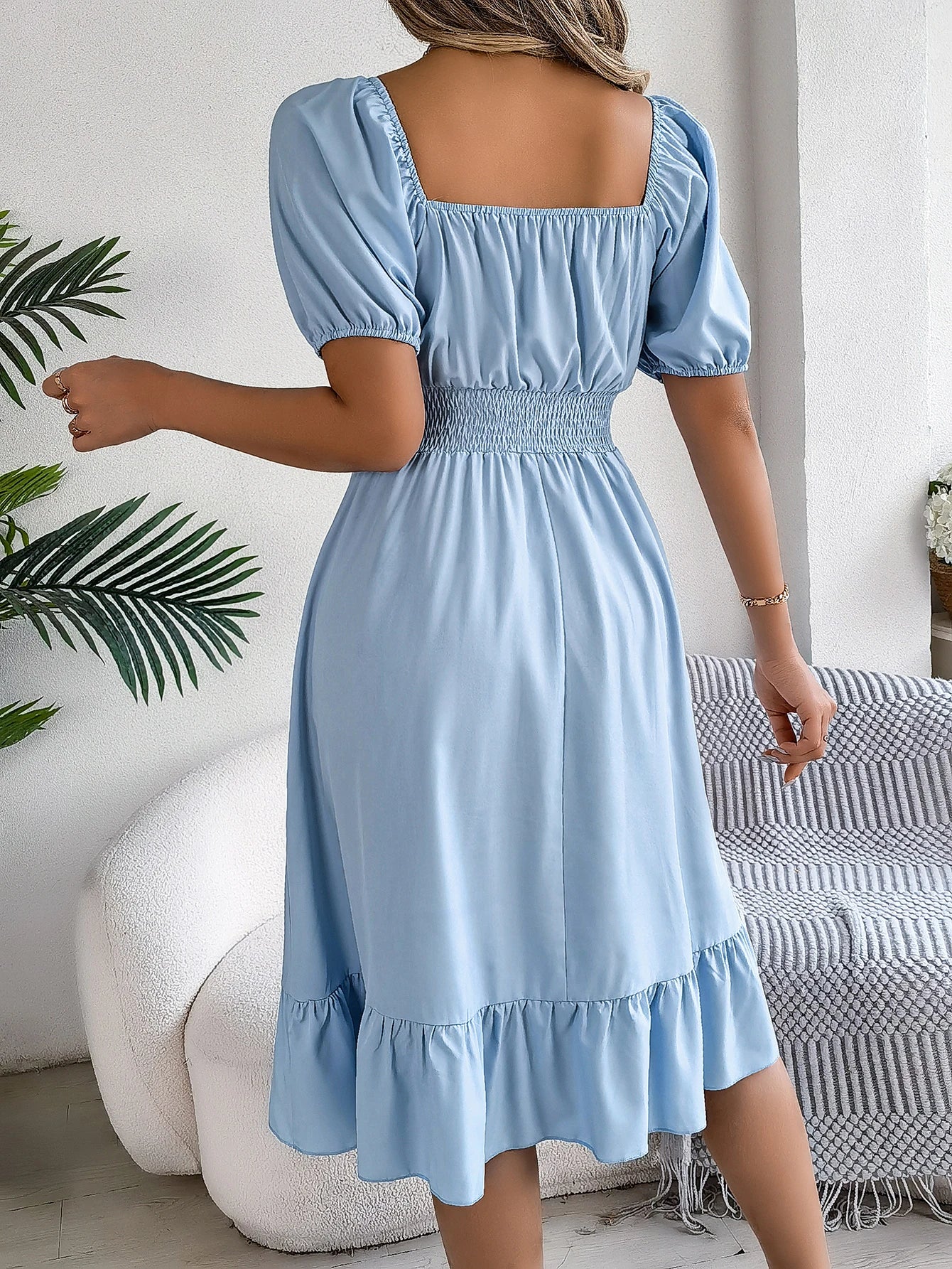 2024 New Fashion Solid Puff Sleeve Square Neck Ruched Bust Ruffle Hem Wasit Dress, Women's Clothing