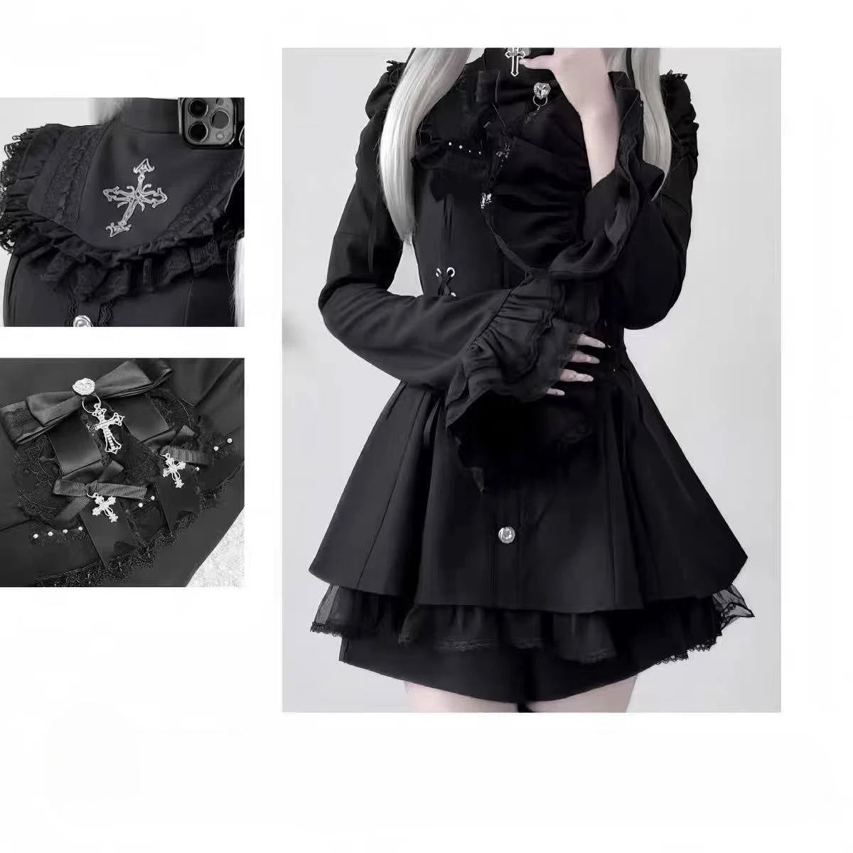 Y2k Aesthetic Lolita Style Bow Dress Shorts Set Japanese Women Gothic Lace Flare Sleeve Button Shirt Dress Punk Party Mini Dress