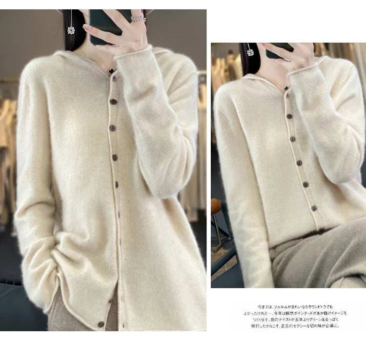 First Line 100% Merino Wool Knitted Cardigan Women's Autumn And Winter Hoodie Loose Sweater Fashionable Versatile Coat Top YC014