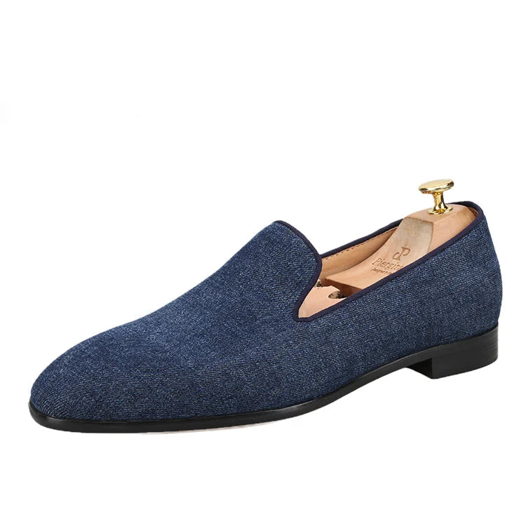 New Summer Style Navy Denim Mens Loafers with Red Outsole and Breathable Leather Insole plus Size