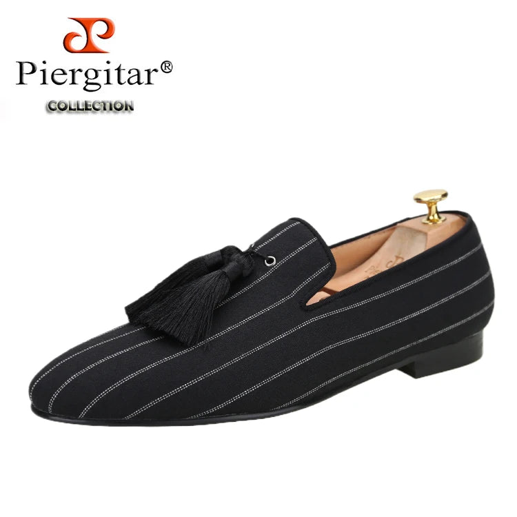 Piergitar 2022 New Striped Design Oxford Fabric Men Slip-On Shoes Handmade Tassel Men's Loafers Classic Male Smoking Slippers
