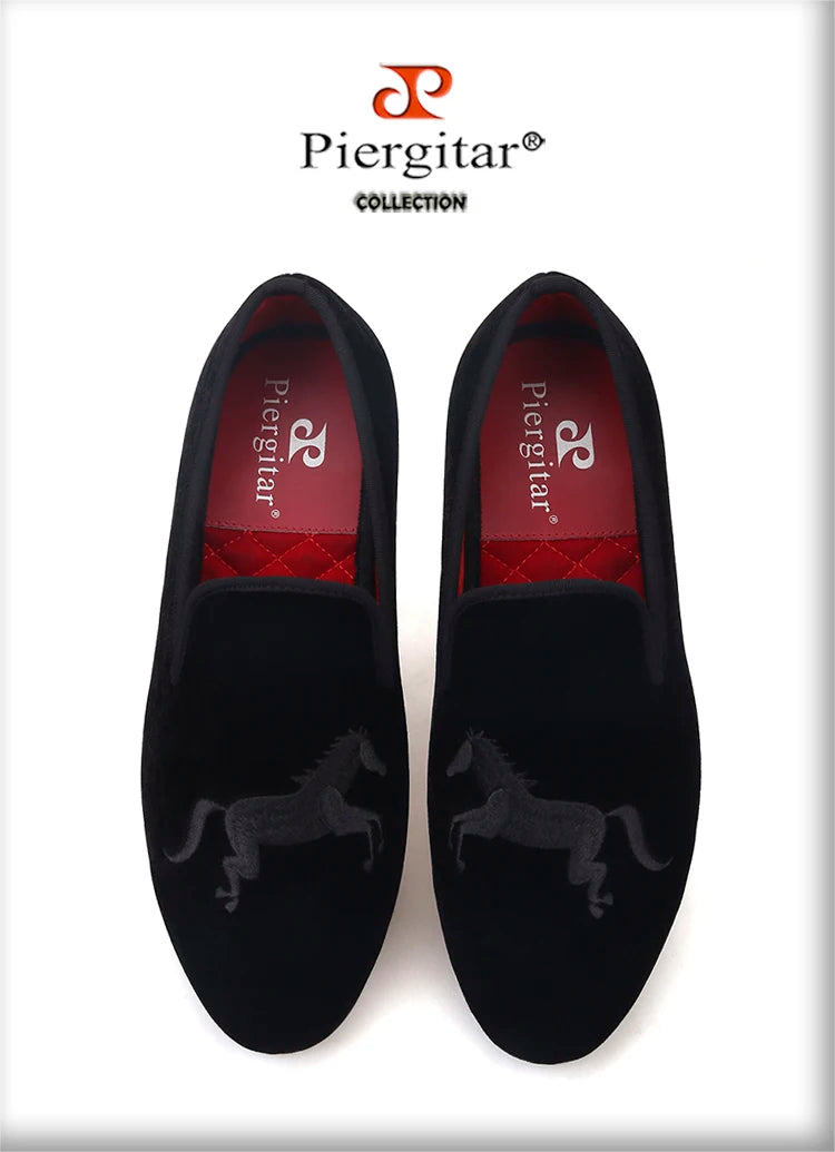 Piergitar High Level Customization Black Velvet Men's Loafers For Party Handmade Horse Embroidery Slip-On Man Smoking Slippers