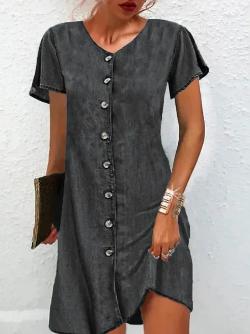 New women's casual fashion cover simple fresh square collar button short sleeve high waist denim dress