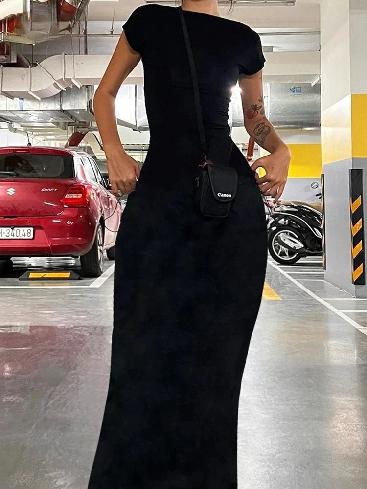 Women's Solid Backless Maxi Dress Elastic Short Sleeve Long Dresses Streetwear Clothing