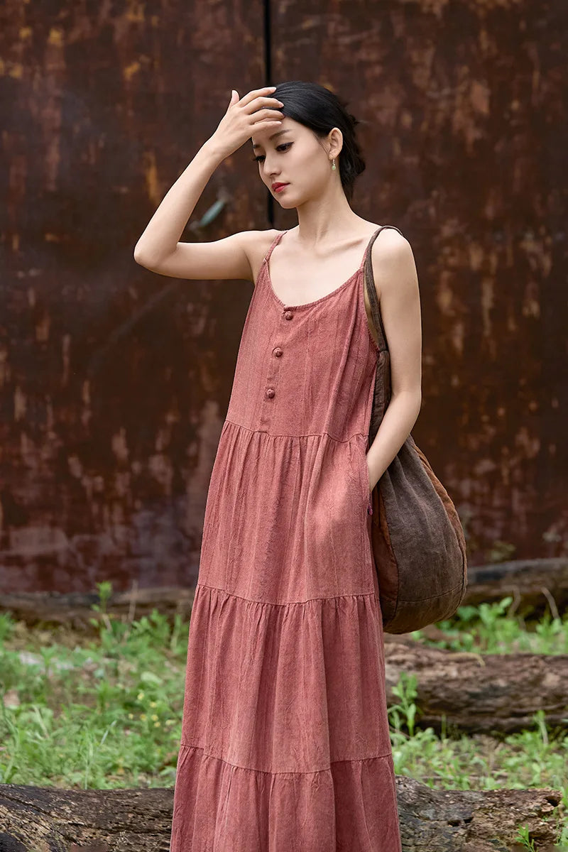 Cotton Linen Long Spaghetti Strap Dress