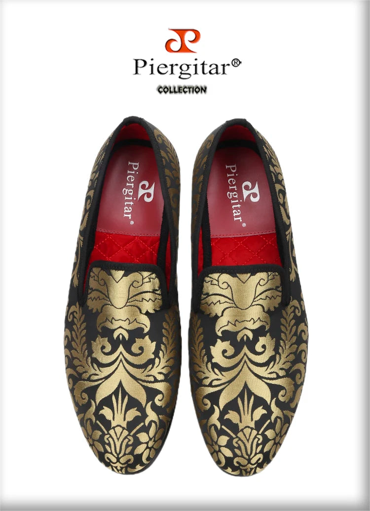 Piergitar 2023 New Upgrade Style Baroque Gold Jacquard Silk Men Loafers For Party Pair With Gold Suit Plus Size Moccasins