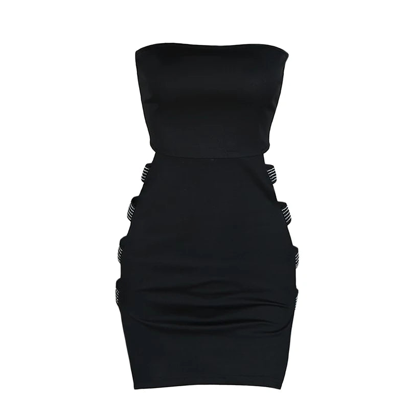 Women’s Sexy Tube Tops Pencil Dress Fashion Solid Color Rhinestone Hollow Skinny Short Dress Streetwear