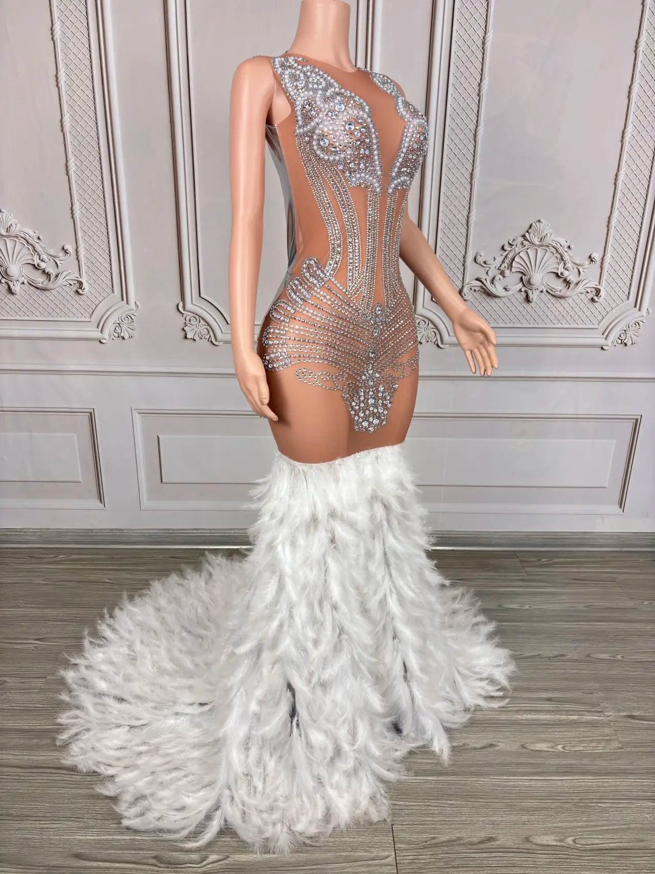 Women's Silver rhinestone transparent mesh floor dragging feather party dress