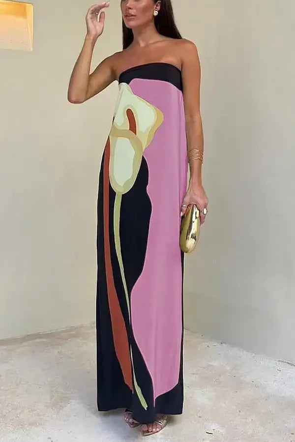 Tube Bodycon Dress Women Elegant Avocado Print Strapless Elegant Maxi Dress Sleeveless Holiday Robes Summer Chic Long Dress